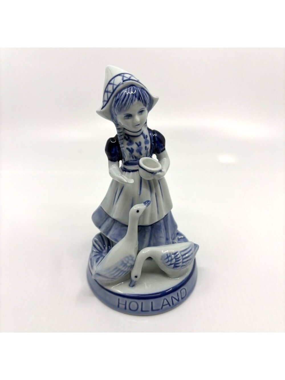 Vintage Delft Blue Dutch Girl Feeding Geese Figurine Hand Painted Holland #509